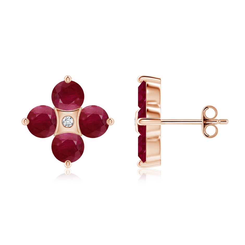 4.5mm A Nature Inspired Round Ruby and Diamond Flower Stud Earrings in Rose Gold 