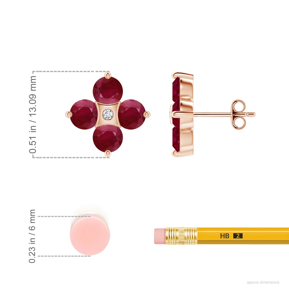4.5mm A Nature Inspired Round Ruby and Diamond Flower Stud Earrings in Rose Gold ruler