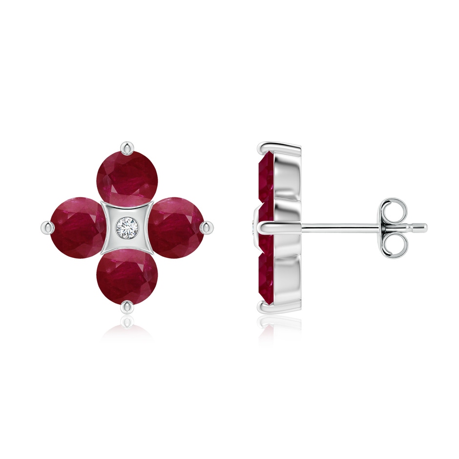 4.5mm A Nature Inspired Round Ruby and Diamond Flower Stud Earrings in White Gold 