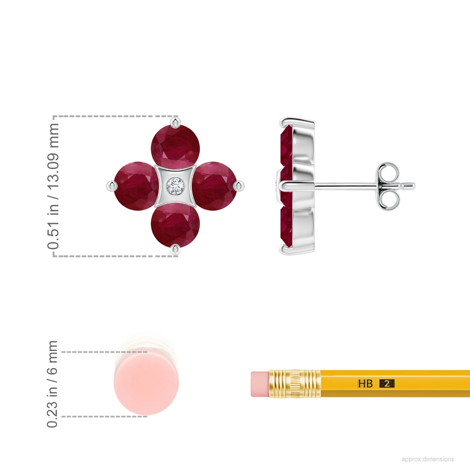 4.5mm A Nature Inspired Round Ruby and Diamond Flower Stud Earrings in White Gold ruler