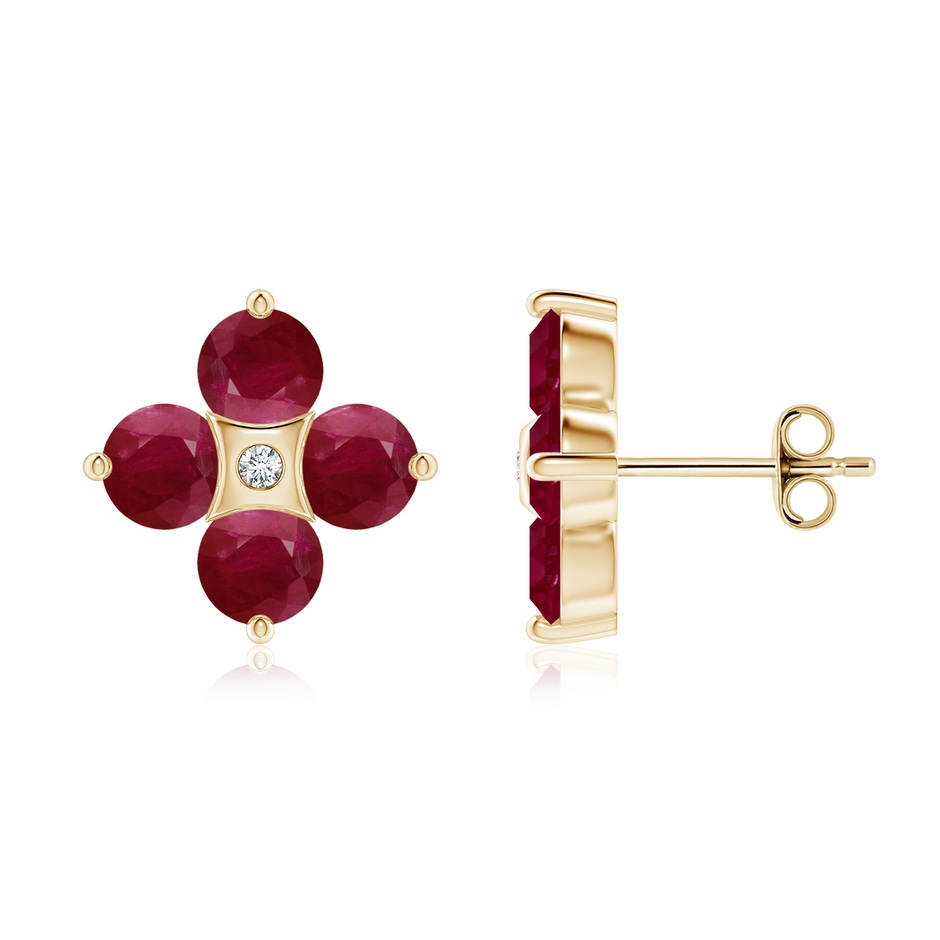 4.5mm A Nature Inspired Round Ruby and Diamond Flower Stud Earrings in Yellow Gold 
