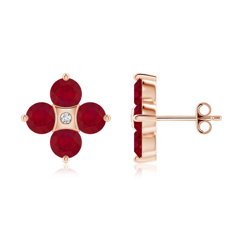 4.5mm AA Nature Inspired Round Ruby and Diamond Flower Stud Earrings in Rose Gold 