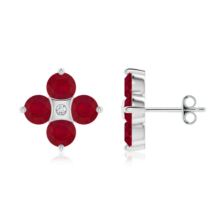 4.5mm AA Nature Inspired Round Ruby and Diamond Flower Stud Earrings in White Gold 
