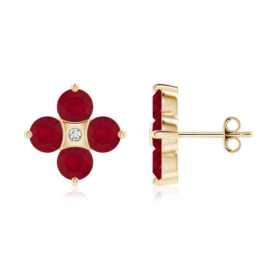 4.5mm AA Nature Inspired Round Ruby and Diamond Flower Stud Earrings in Yellow Gold 