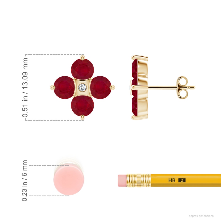 4.5mm AA Nature Inspired Round Ruby and Diamond Flower Stud Earrings in Yellow Gold ruler