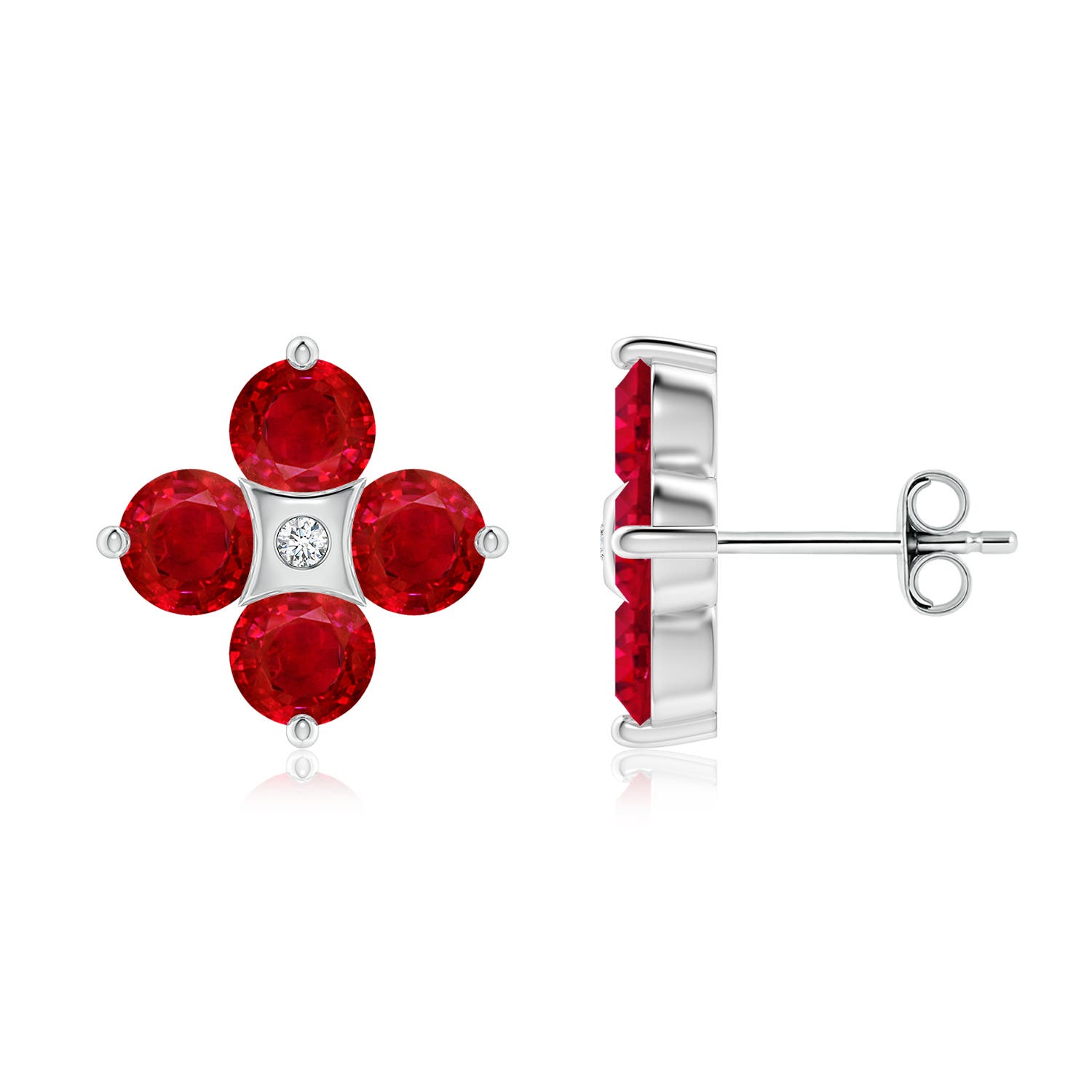 4.5mm AAA Nature Inspired Round Ruby and Diamond Flower Stud Earrings in White Gold