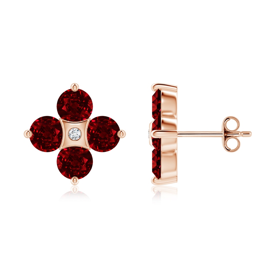 4.5mm AAAA Nature Inspired Round Ruby and Diamond Flower Stud Earrings in Rose Gold 