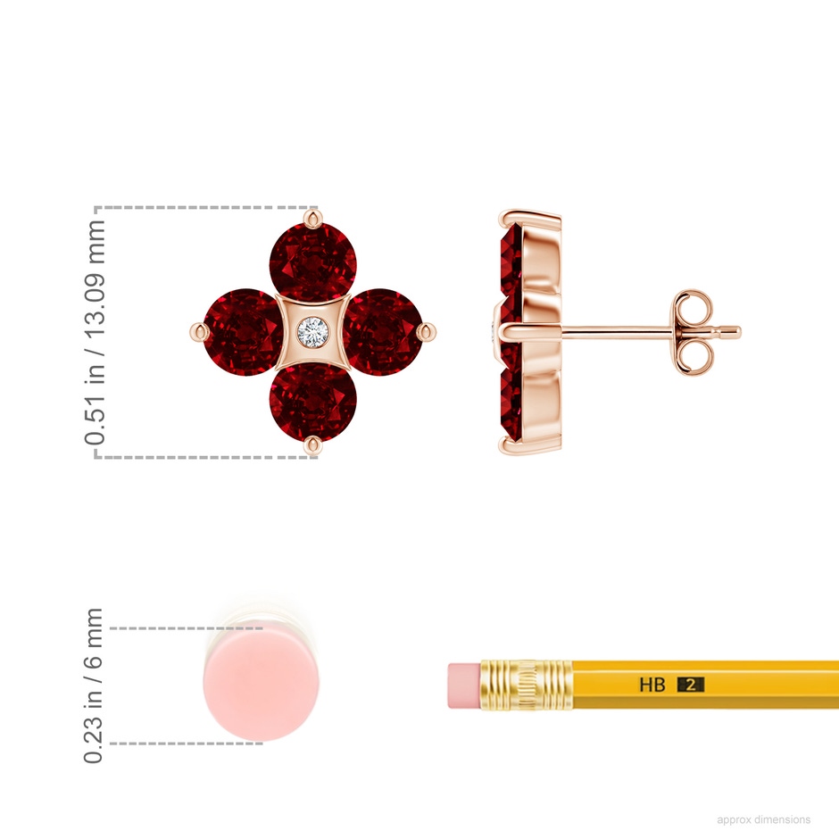 4.5mm AAAA Nature Inspired Round Ruby and Diamond Flower Stud Earrings in Rose Gold ruler