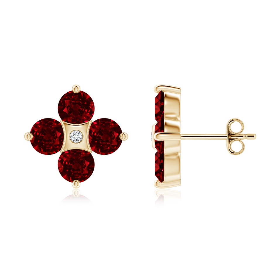 4.5mm AAAA Nature Inspired Round Ruby and Diamond Flower Stud Earrings in Yellow Gold 