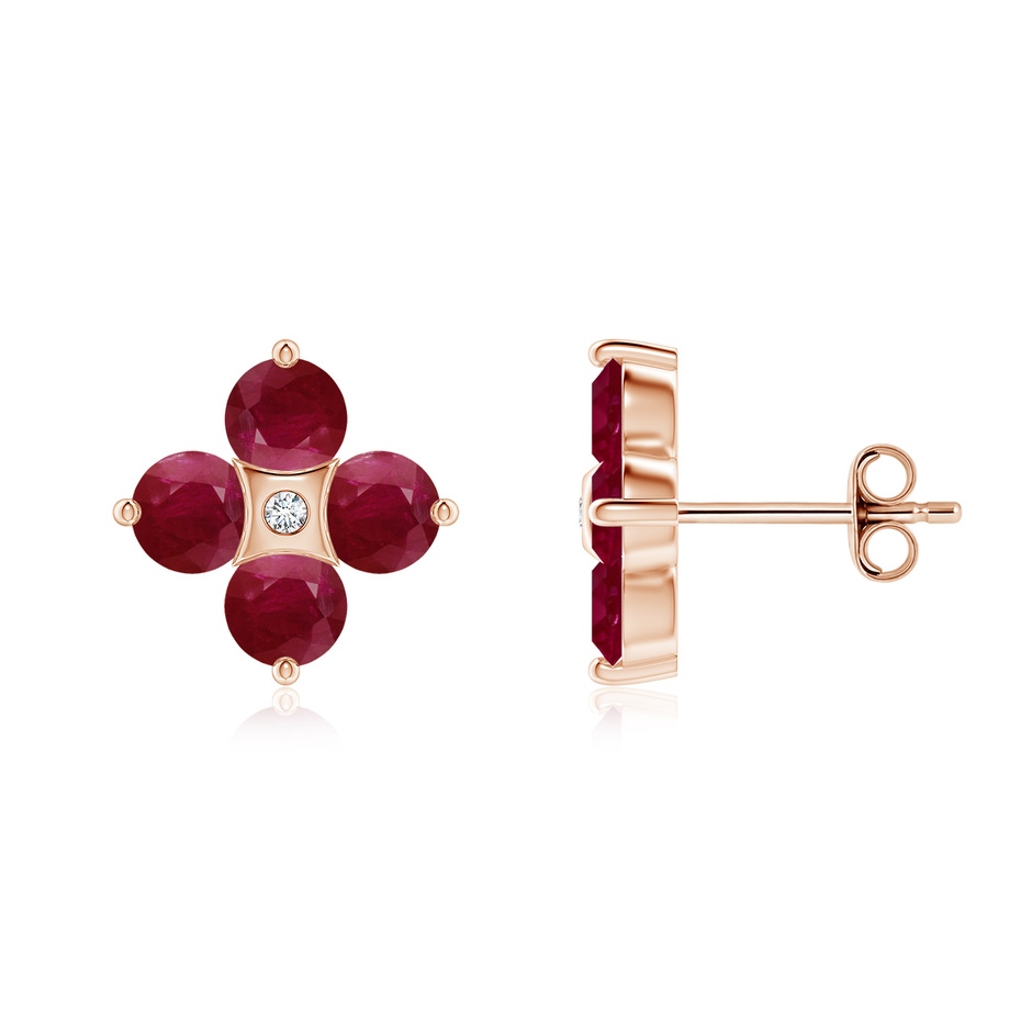 4mm A Nature Inspired Round Ruby and Diamond Flower Stud Earrings in Rose Gold 