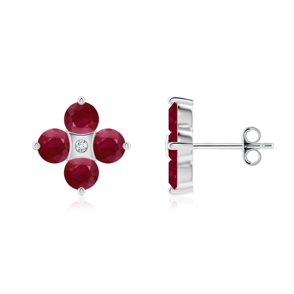 4mm A Nature Inspired Round Ruby and Diamond Flower Stud Earrings in White Gold 
