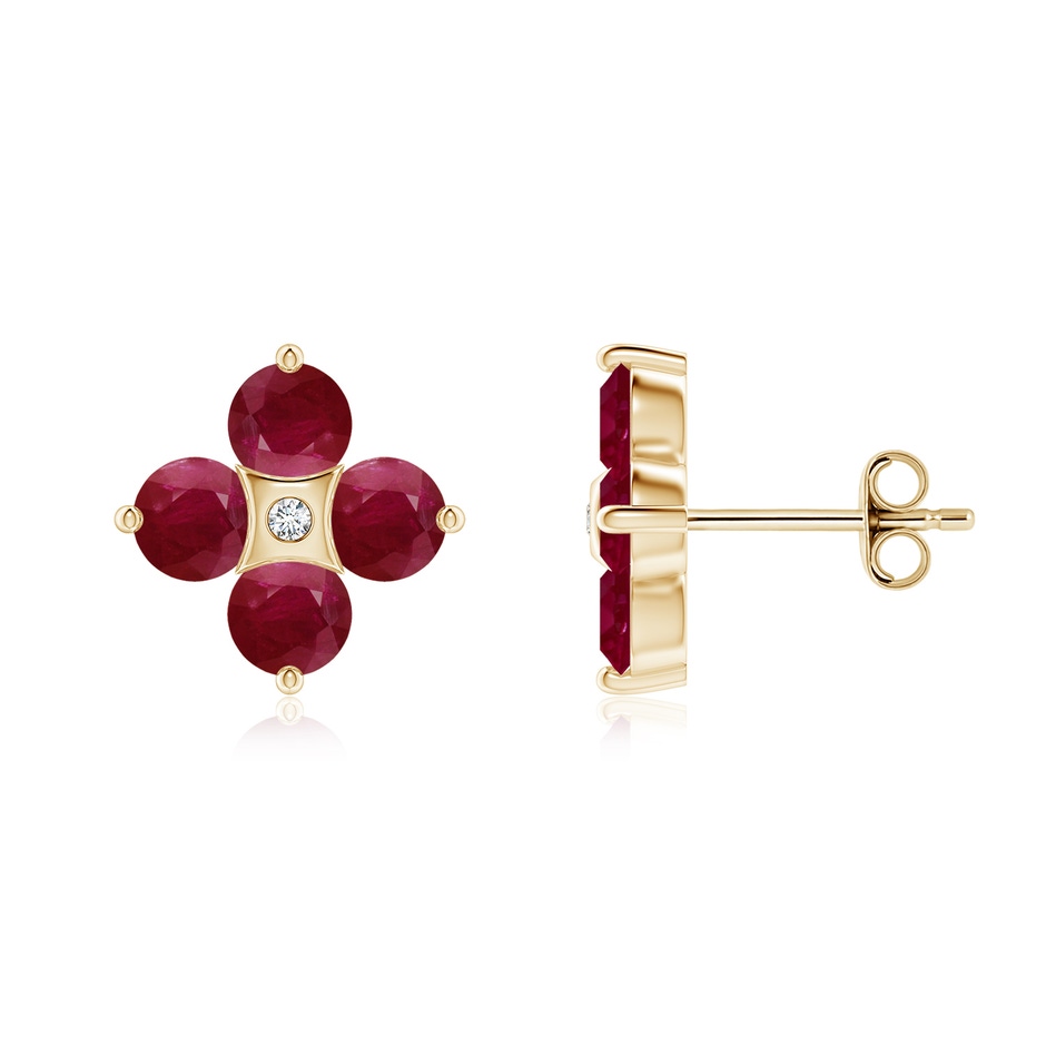 4mm A Nature Inspired Round Ruby and Diamond Flower Stud Earrings in Yellow Gold 