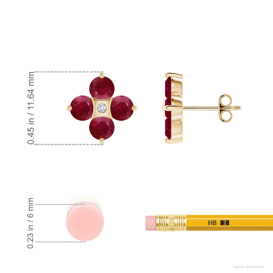 4mm A Nature Inspired Round Ruby and Diamond Flower Stud Earrings in Yellow Gold ruler