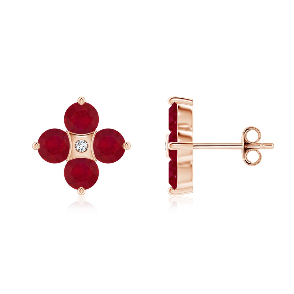 4mm AA Nature Inspired Round Ruby and Diamond Flower Stud Earrings in Rose Gold 