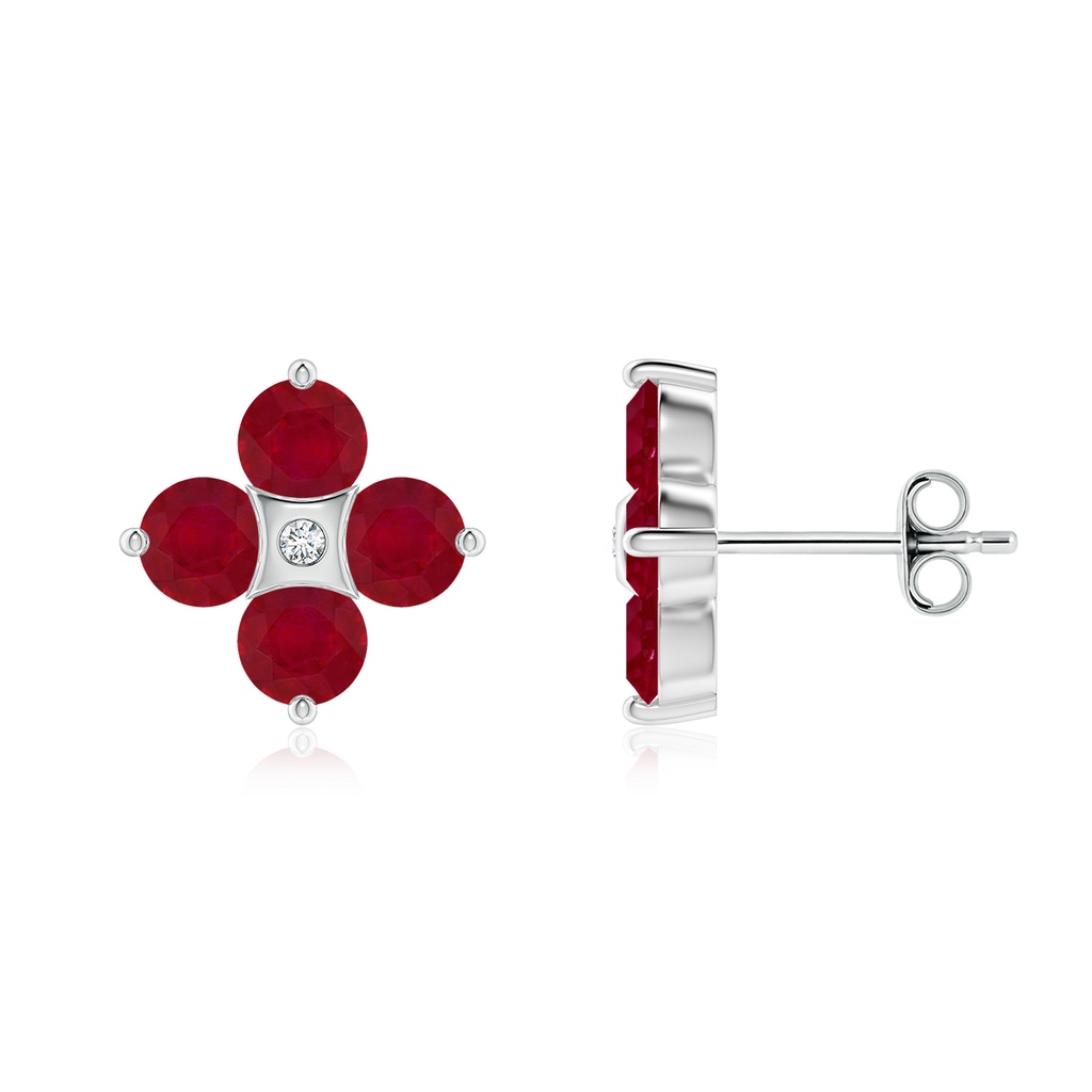 4mm AA Nature Inspired Round Ruby and Diamond Flower Stud Earrings in White Gold