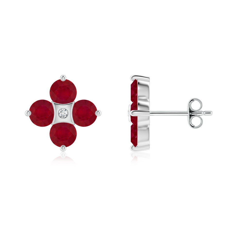 4mm AA Nature Inspired Round Ruby and Diamond Flower Stud Earrings in White Gold 