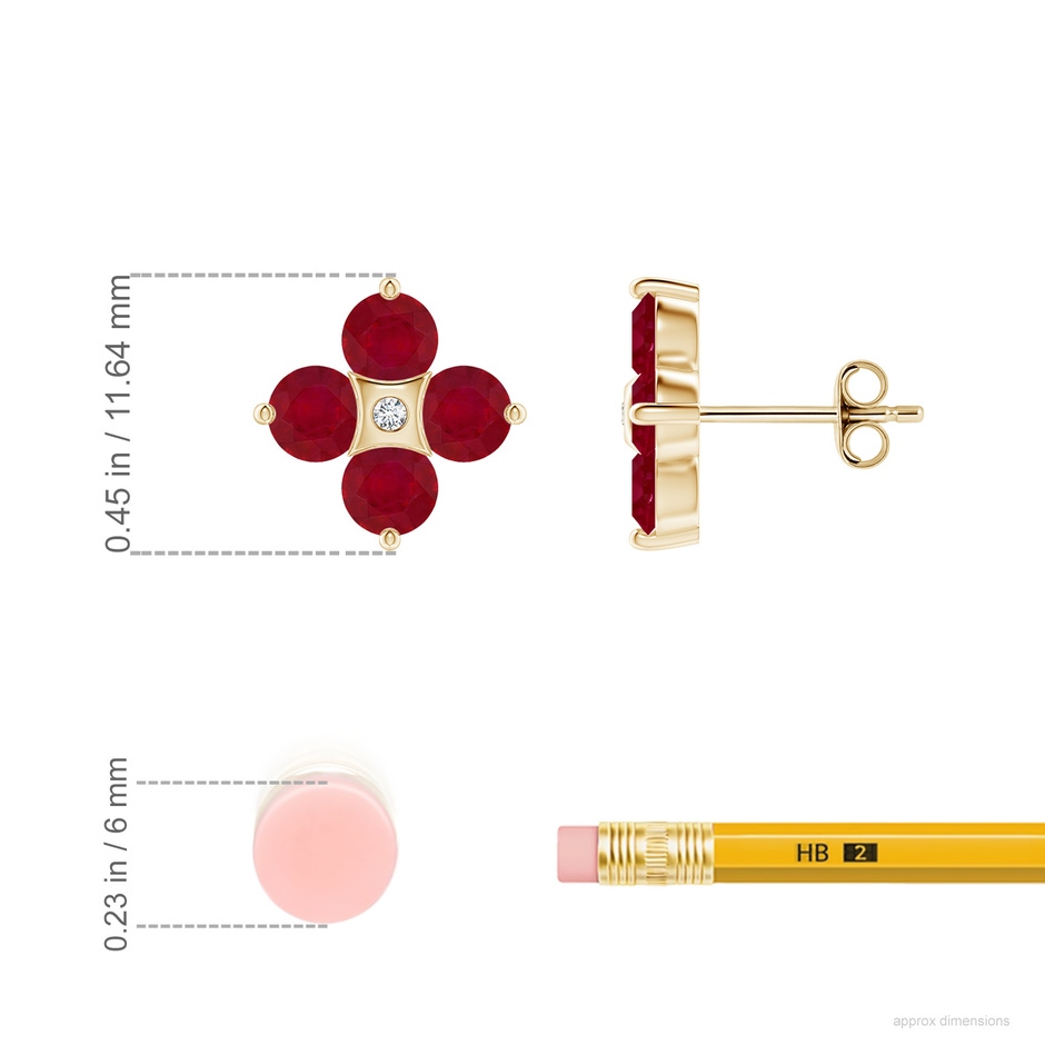 4mm AA Nature Inspired Round Ruby and Diamond Flower Stud Earrings in Yellow Gold ruler
