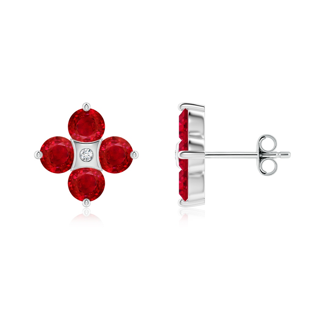 4mm AAA Nature Inspired Round Ruby and Diamond Flower Stud Earrings in White Gold