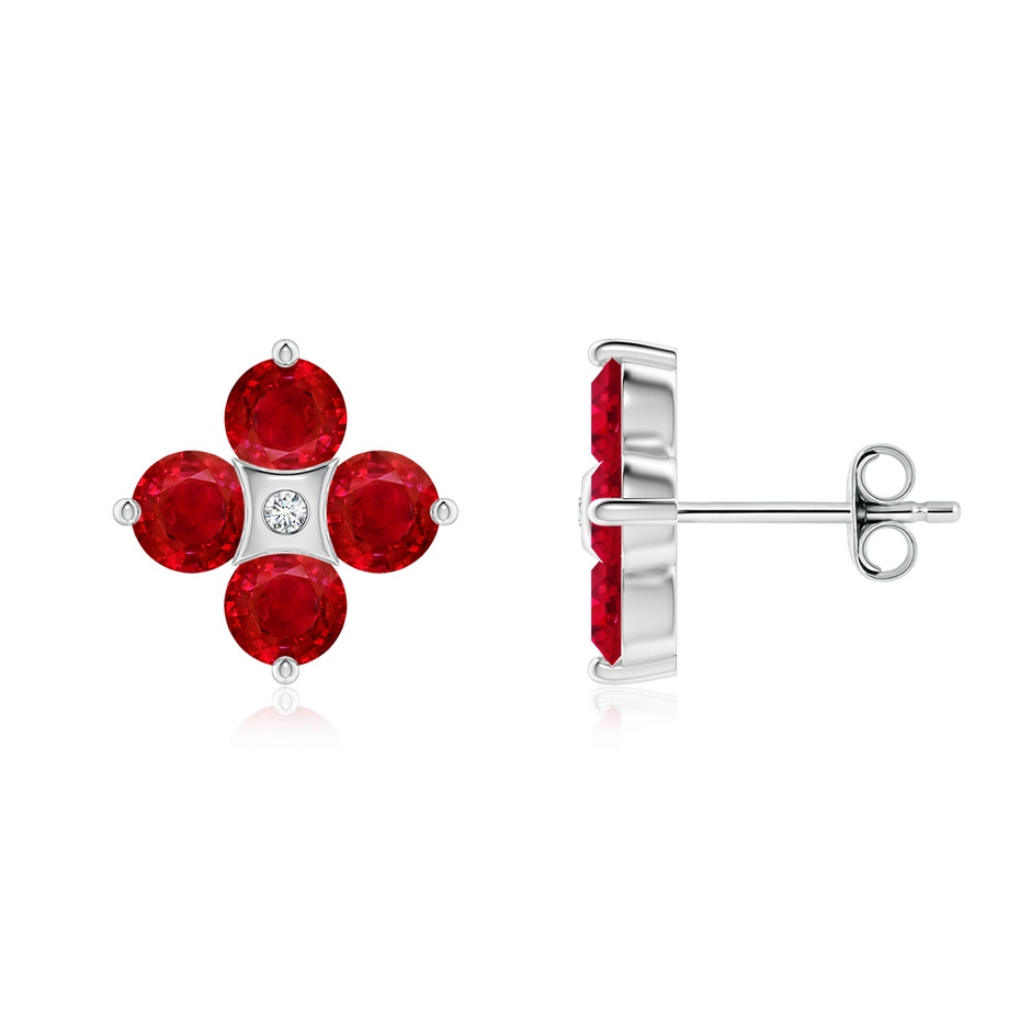 4mm AAA Nature Inspired Round Ruby and Diamond Flower Stud Earrings in White Gold 