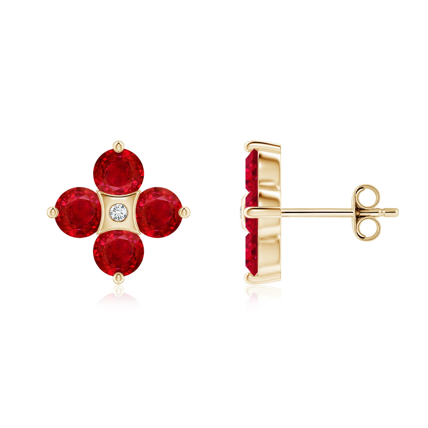 4mm AAA Nature Inspired Round Ruby and Diamond Flower Stud Earrings in Yellow Gold
