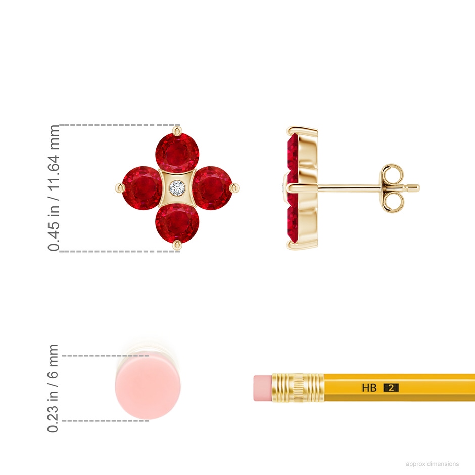 4mm AAA Nature Inspired Round Ruby and Diamond Flower Stud Earrings in Yellow Gold ruler