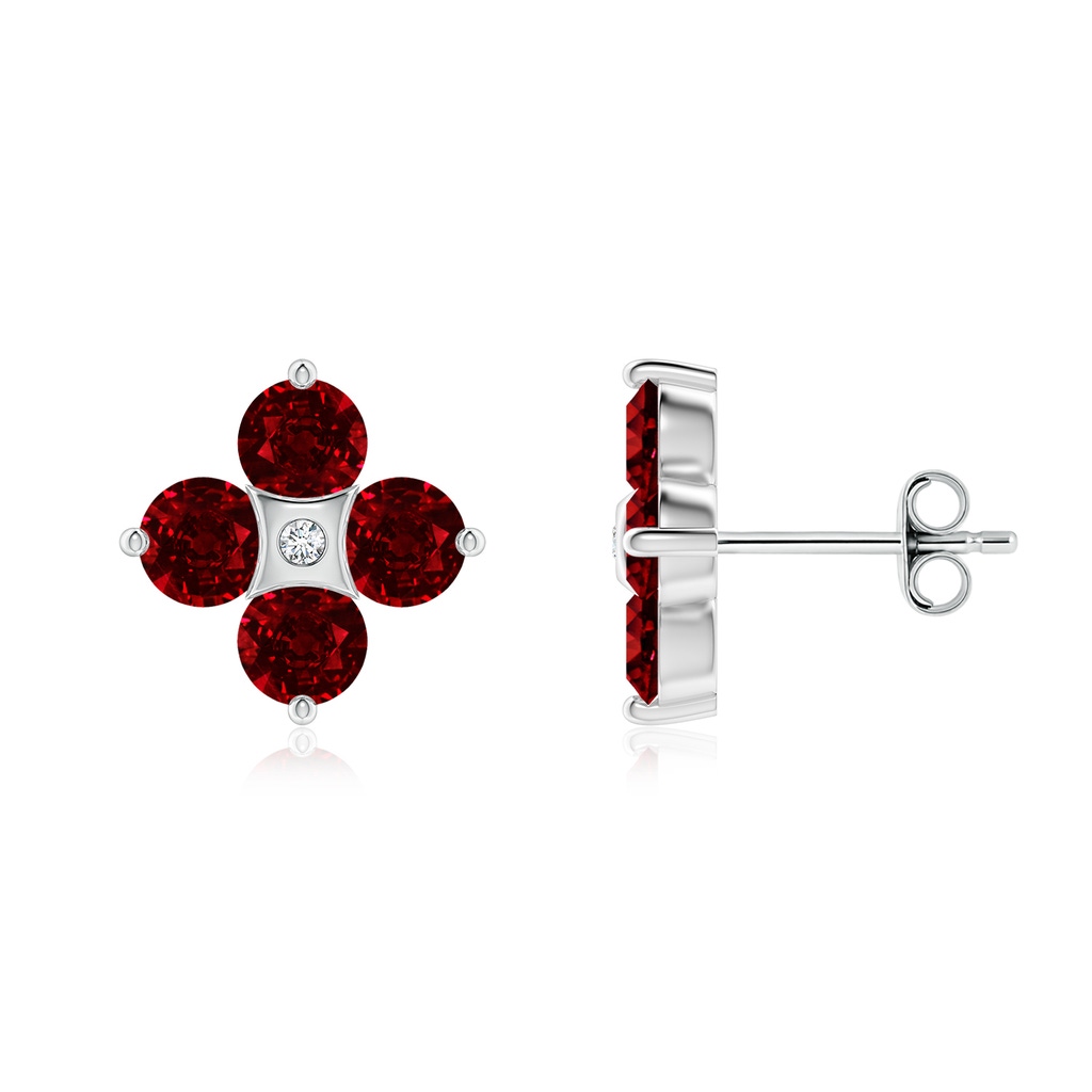 4mm AAAA Nature Inspired Round Ruby and Diamond Flower Stud Earrings in P950 Platinum