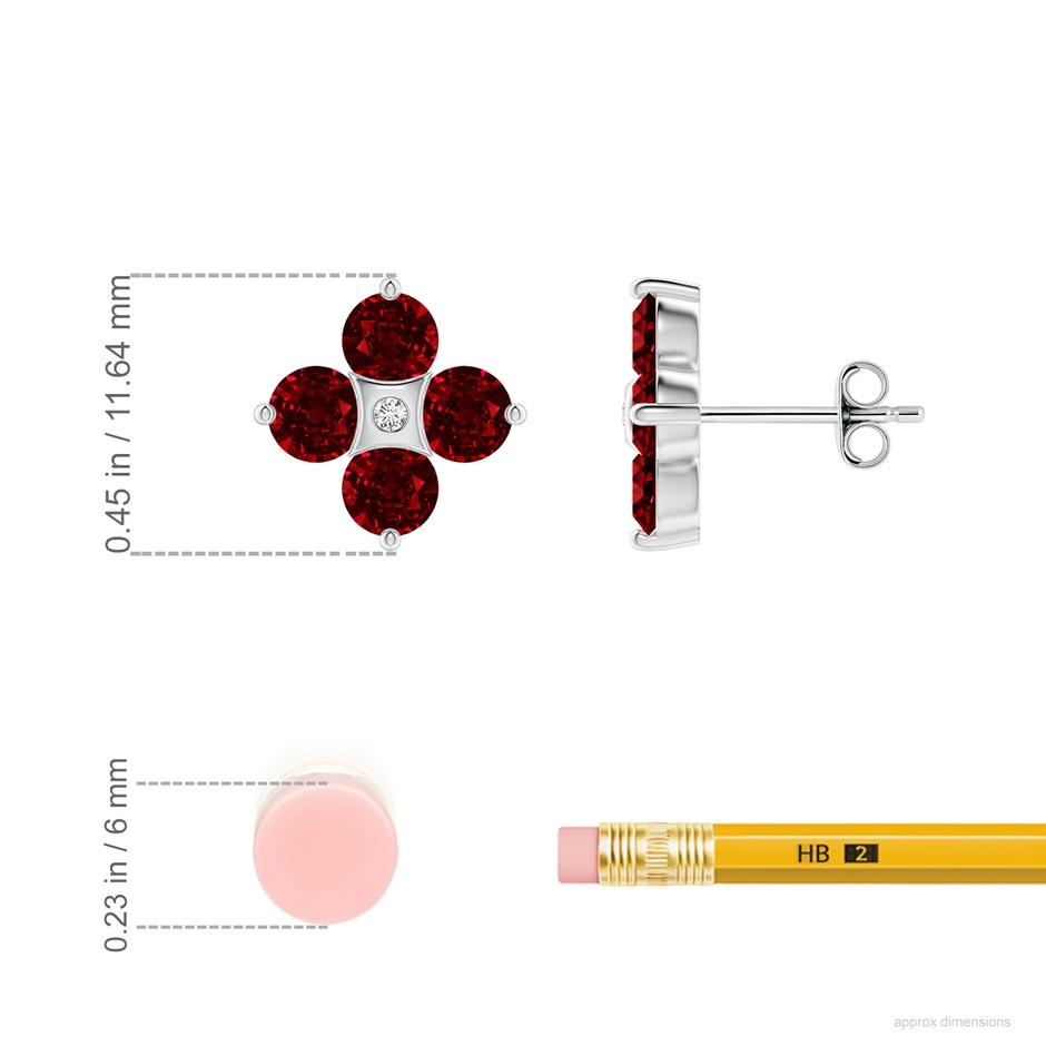 4mm AAAA Nature Inspired Round Ruby and Diamond Flower Stud Earrings in P950 Platinum ruler