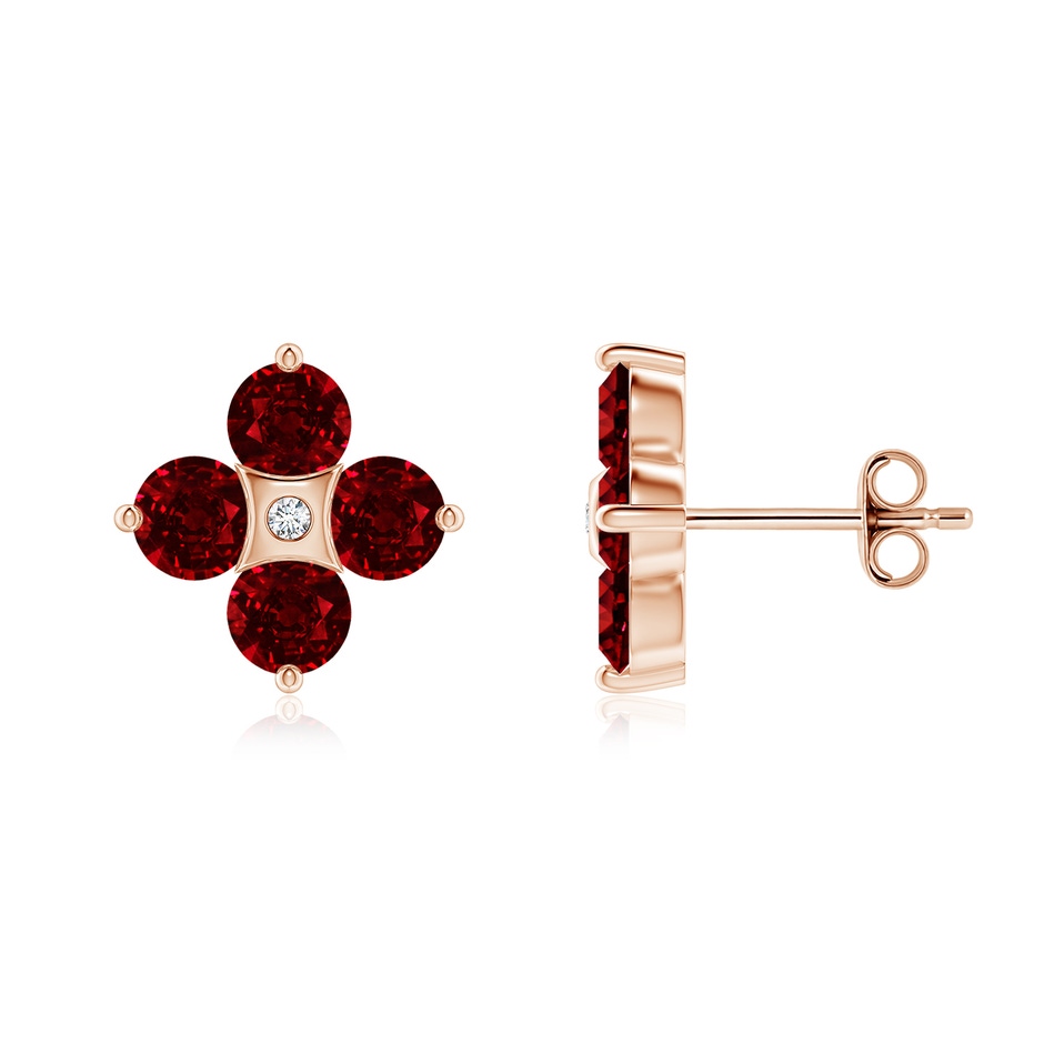 4mm AAAA Nature Inspired Round Ruby and Diamond Flower Stud Earrings in Rose Gold 