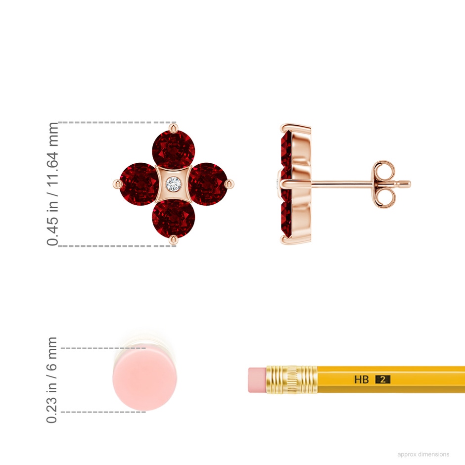 4mm AAAA Nature Inspired Round Ruby and Diamond Flower Stud Earrings in Rose Gold ruler