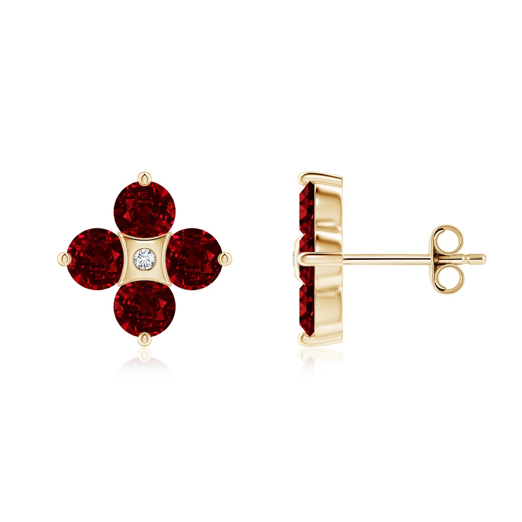 4mm AAAA Nature Inspired Round Ruby and Diamond Flower Stud Earrings in Yellow Gold