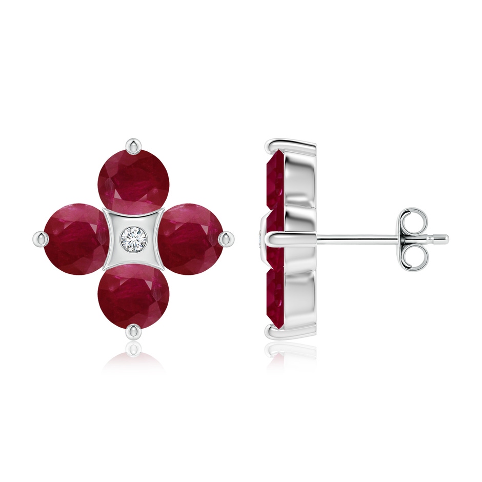 5mm A Nature Inspired Round Ruby and Diamond Flower Stud Earrings in White Gold 
