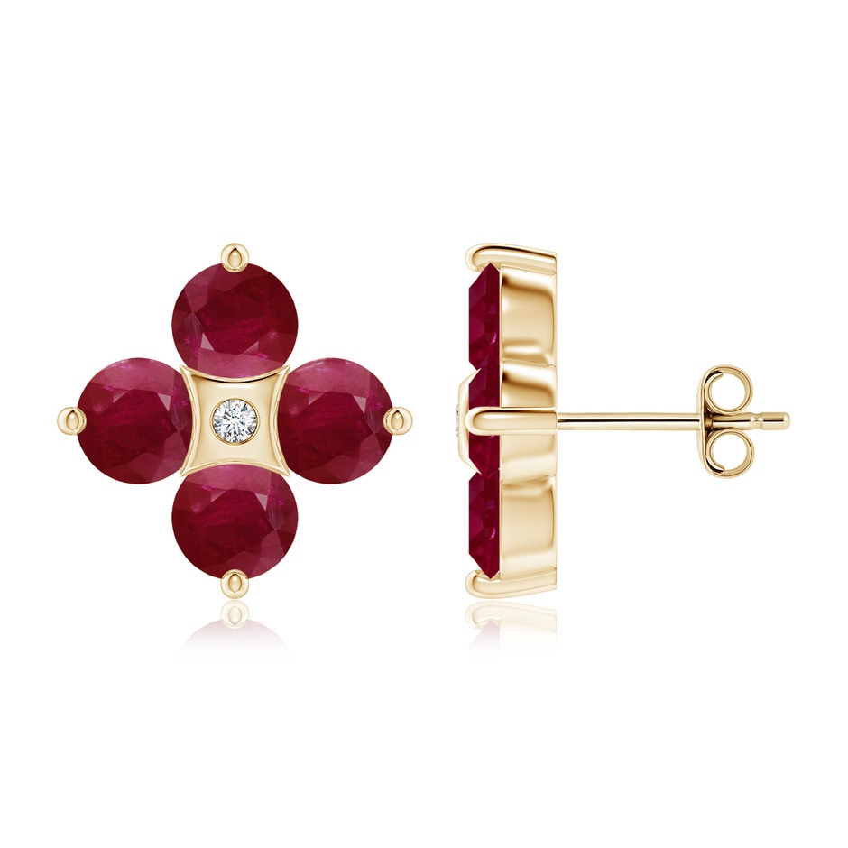 5mm A Nature Inspired Round Ruby and Diamond Flower Stud Earrings in Yellow Gold 