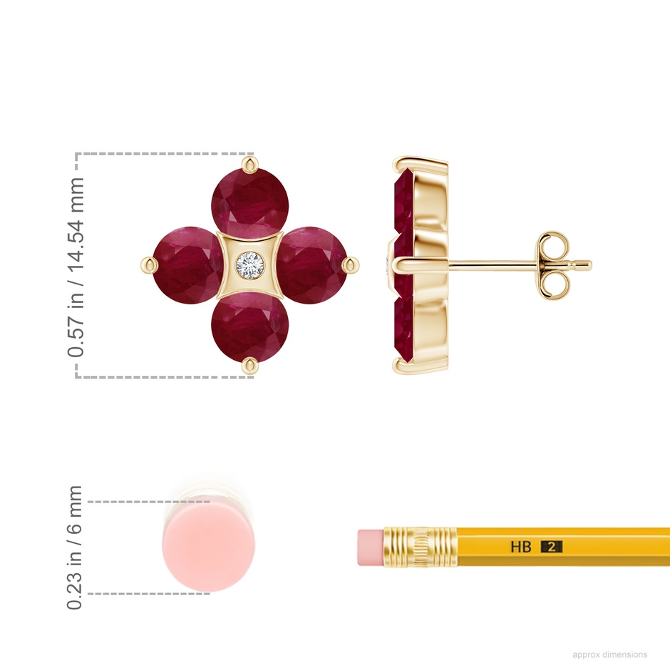 5mm A Nature Inspired Round Ruby and Diamond Flower Stud Earrings in Yellow Gold ruler