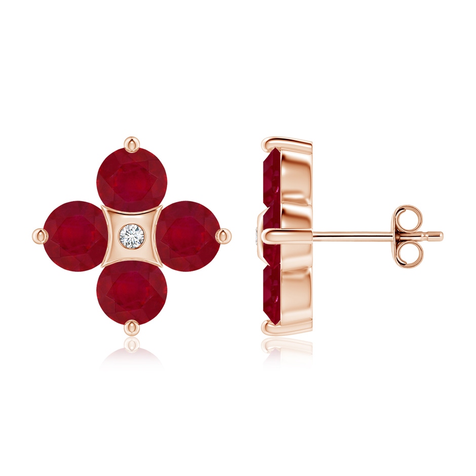 5mm AA Nature Inspired Round Ruby and Diamond Flower Stud Earrings in Rose Gold 