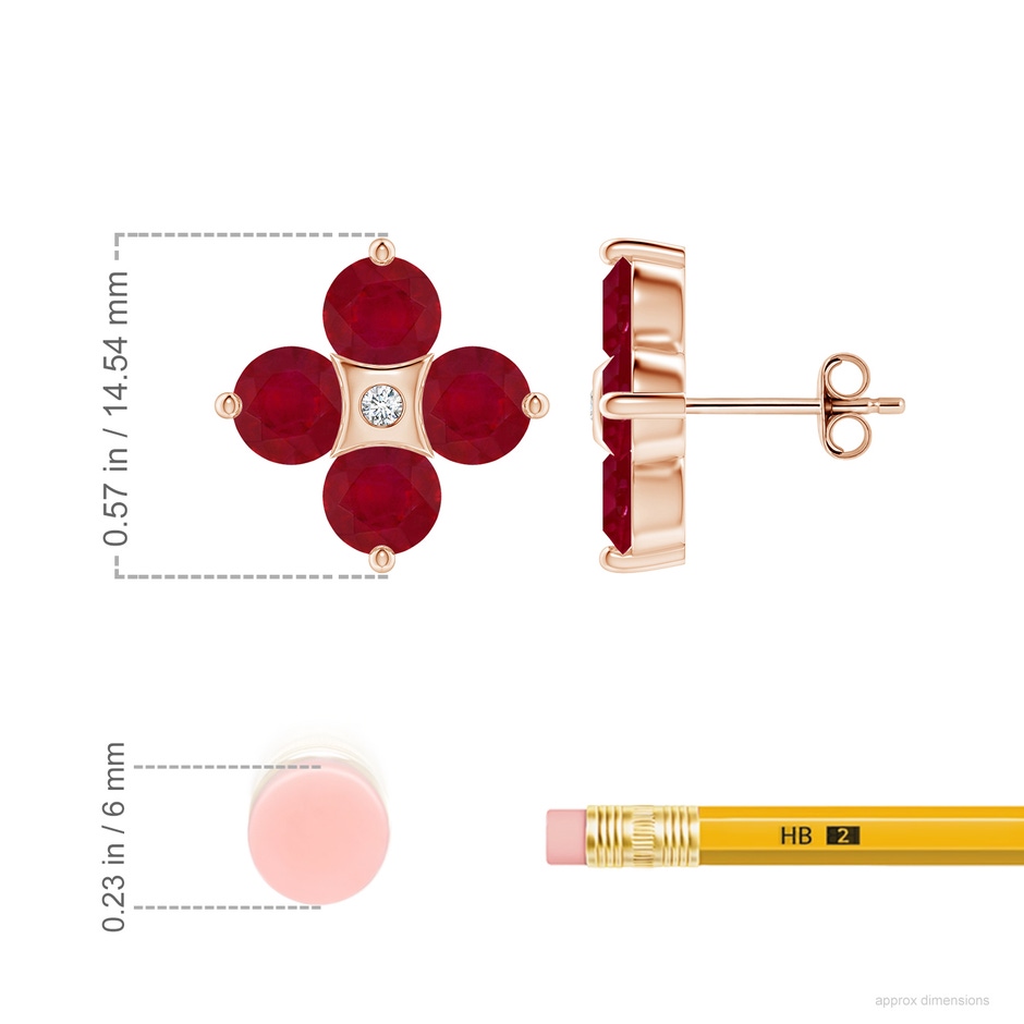 5mm AA Nature Inspired Round Ruby and Diamond Flower Stud Earrings in Rose Gold ruler