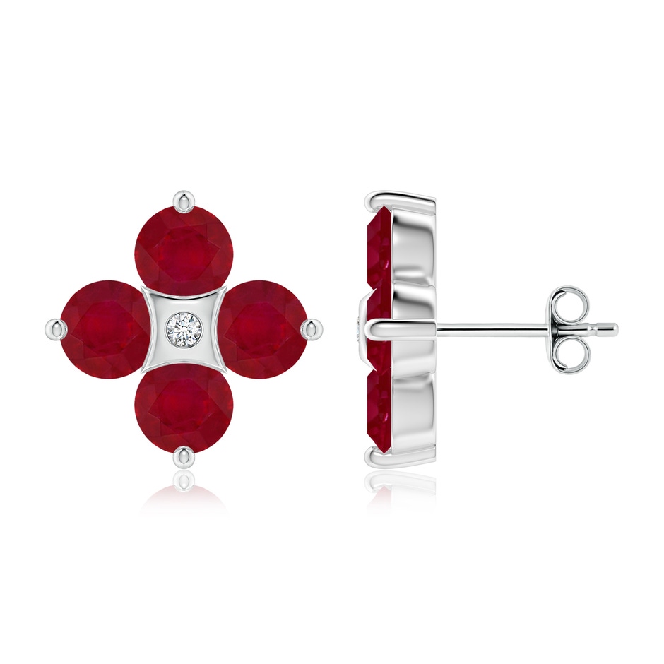 5mm AA Nature Inspired Round Ruby and Diamond Flower Stud Earrings in White Gold 