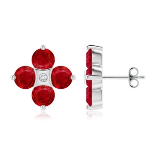 5mm AAA Nature Inspired Round Ruby and Diamond Flower Stud Earrings in P950 Platinum