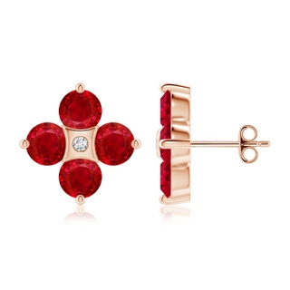 5mm AAA Nature Inspired Round Ruby and Diamond Flower Stud Earrings in Rose Gold