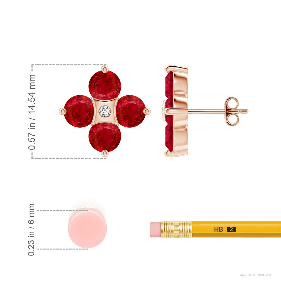 5mm AAA Nature Inspired Round Ruby and Diamond Flower Stud Earrings in Rose Gold ruler