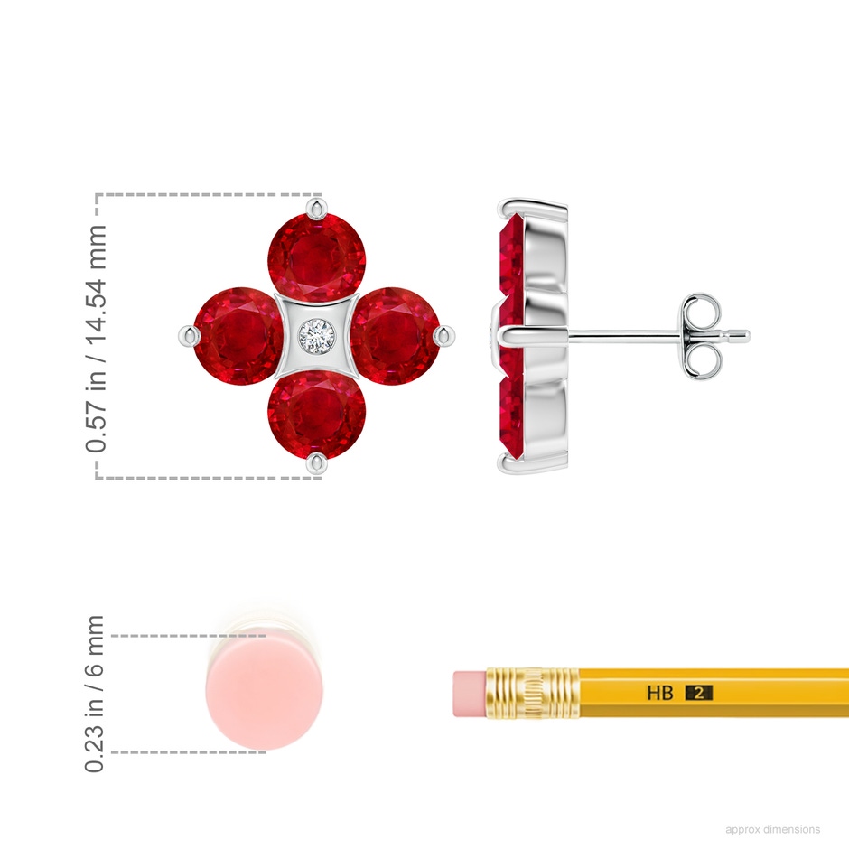 5mm AAA Nature Inspired Round Ruby and Diamond Flower Stud Earrings in White Gold ruler