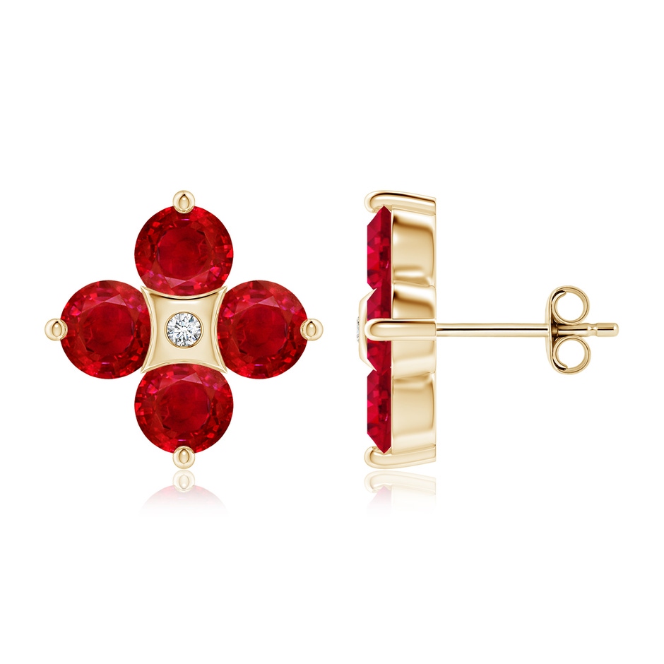 5mm AAA Nature Inspired Round Ruby and Diamond Flower Stud Earrings in Yellow Gold 