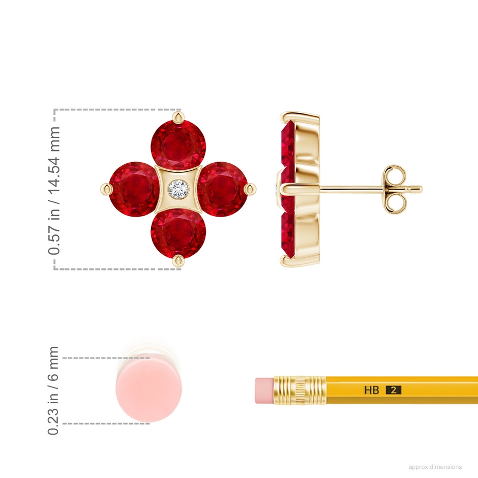 5mm AAA Nature Inspired Round Ruby and Diamond Flower Stud Earrings in Yellow Gold ruler