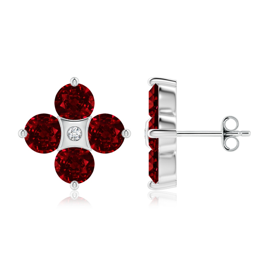 5mm AAAA Nature Inspired Round Ruby and Diamond Flower Stud Earrings in P950 Platinum 