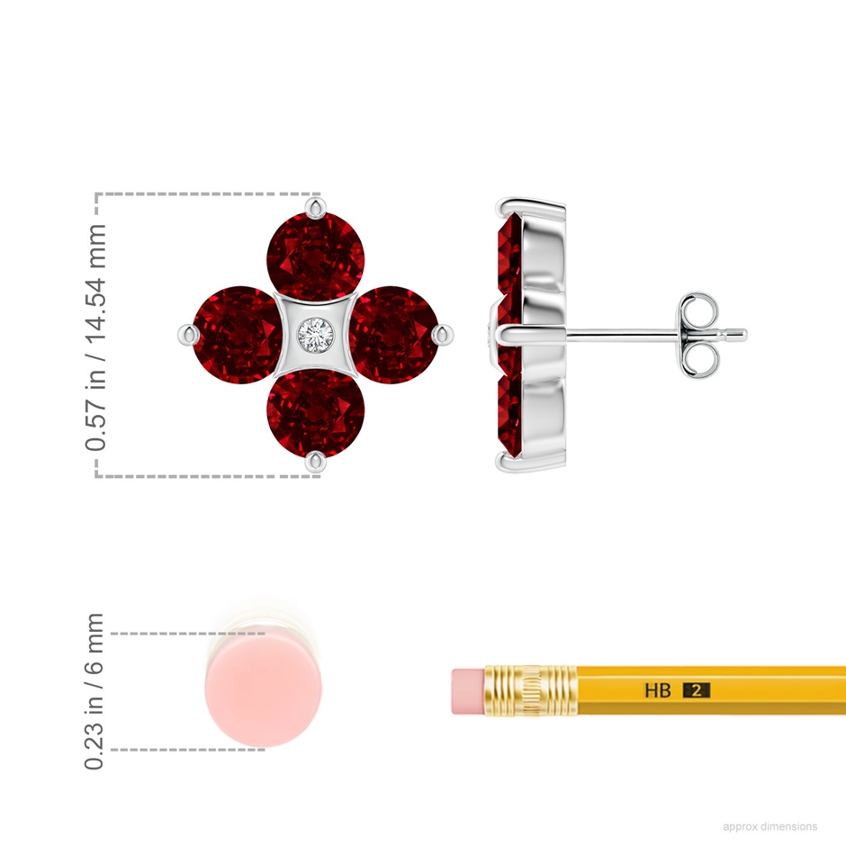5mm AAAA Nature Inspired Round Ruby and Diamond Flower Stud Earrings in P950 Platinum ruler