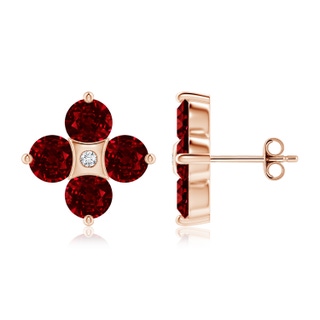 5mm AAAA Nature Inspired Round Ruby and Diamond Flower Stud Earrings in Rose Gold