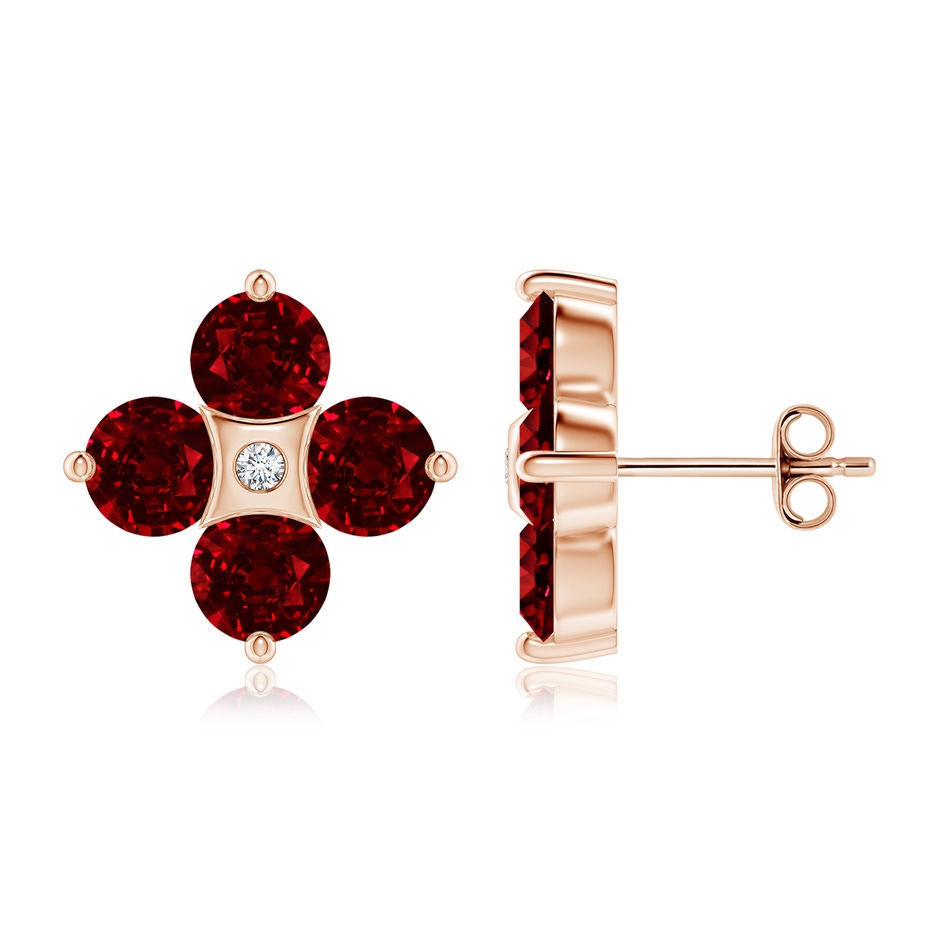 5mm AAAA Nature Inspired Round Ruby and Diamond Flower Stud Earrings in Rose Gold 