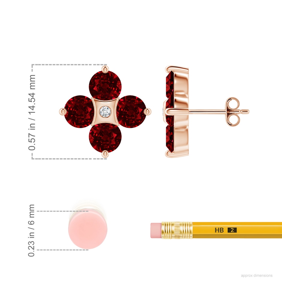 5mm AAAA Nature Inspired Round Ruby and Diamond Flower Stud Earrings in Rose Gold ruler