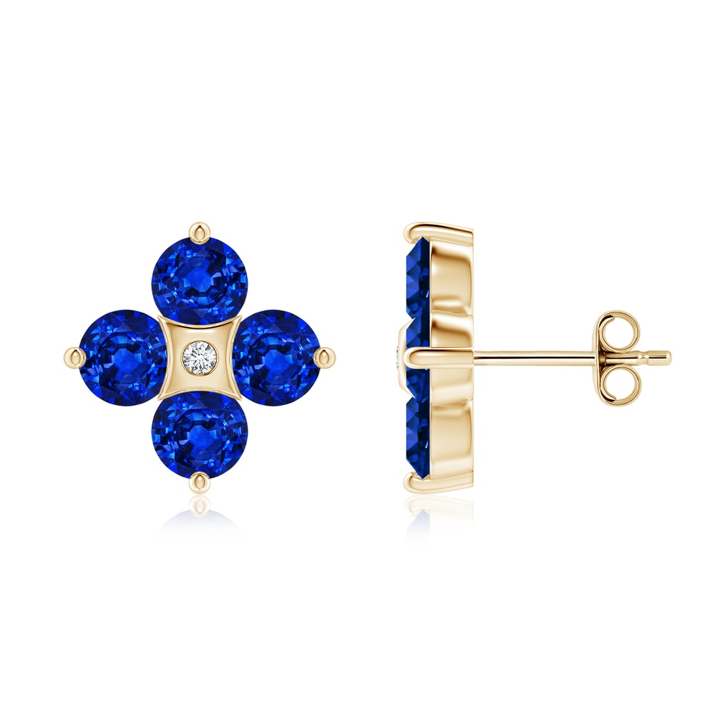 4.5mm Lab-Grown Nature Inspired Round Blue Sapphire and Diamond Flower Stud Earrings in Yellow Gold