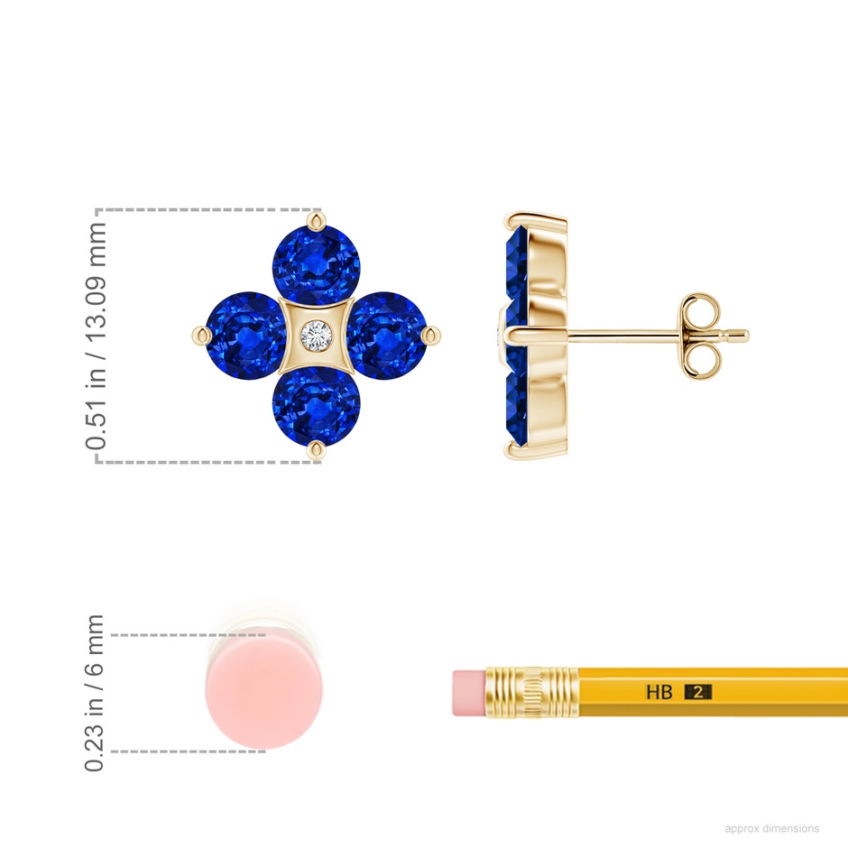 4.5mm Lab-Grown Nature Inspired Round Blue Sapphire and Diamond Flower Stud Earrings in Yellow Gold ruler