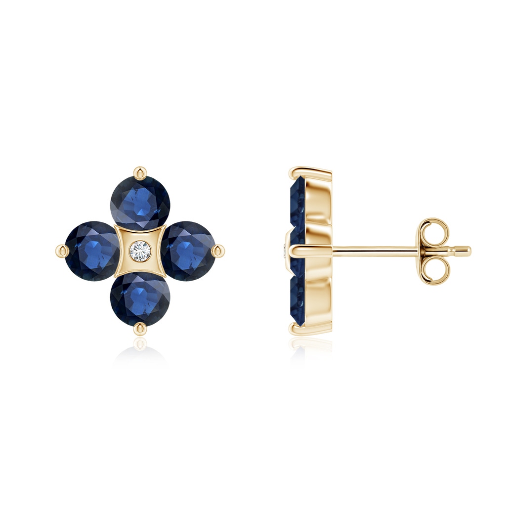 4mm AA Nature Inspired Round Blue Sapphire and Diamond Flower Stud Earrings in Yellow Gold 